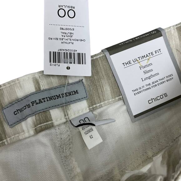 NWT Chico's Platinum Denim Tan Cream Chevron Slim Leg Pants Womens 2 - Picture 3 of 4
